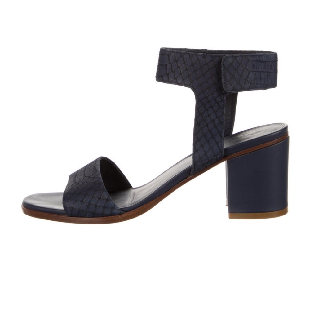 Vince Navy Blue Leather Croc Block Heel Ankle Strap Sandals